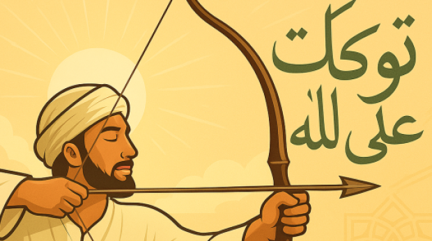 Ilustrasi pemanah melepaskan panah dengan tenang di bawah langit senja, melambangkan konsep tawakal dalam memanah dan keikhlasan setelah ikhtiar.